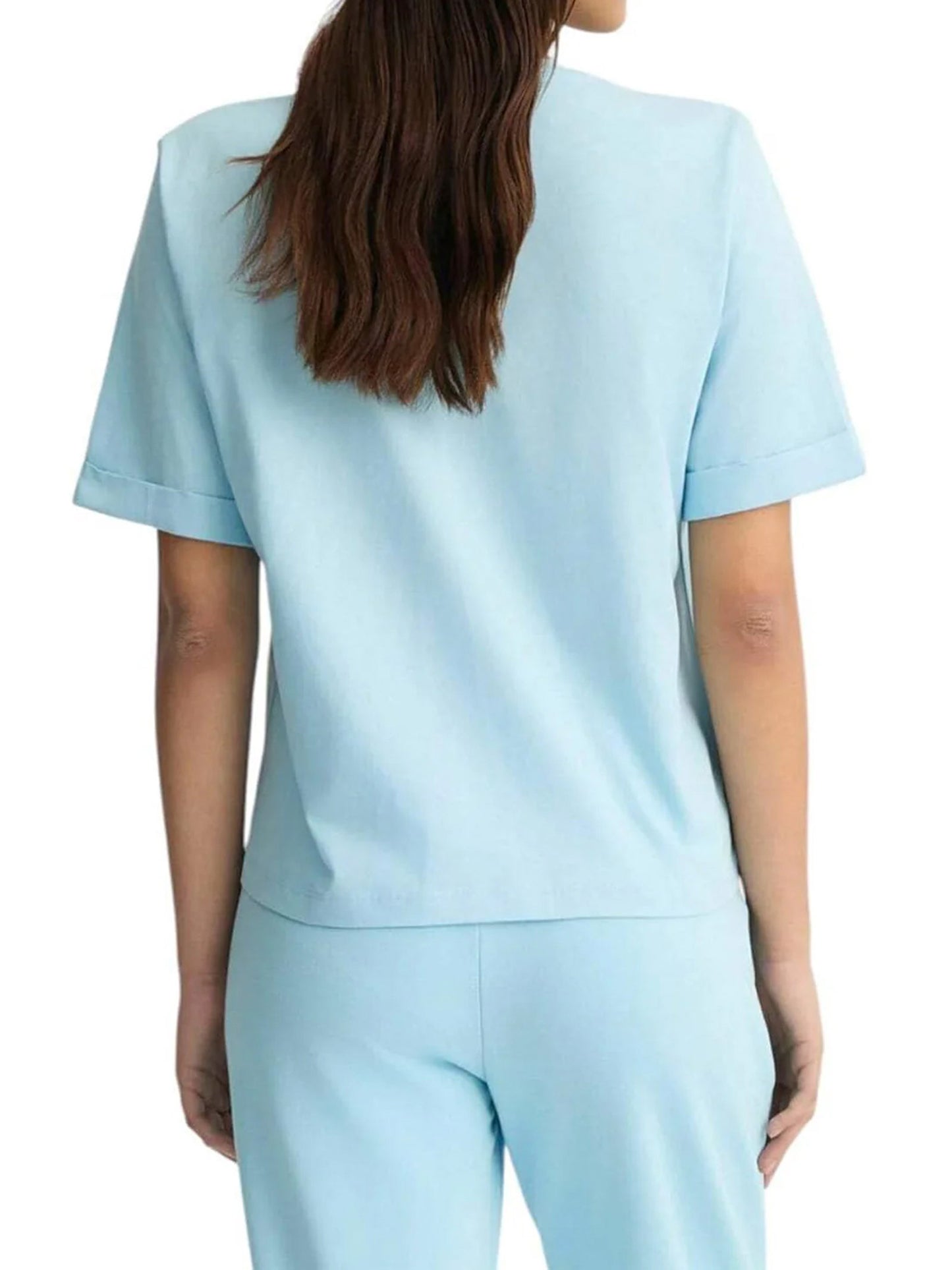 LU JO T-Shirt maniche corte a scatoletta scollo V con loghi intorno alla scollatura rosa e gialla