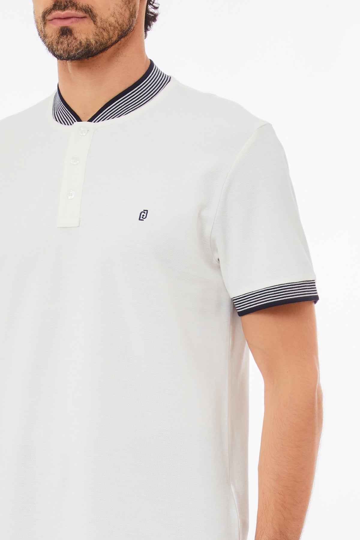 LIU JO Polo maniche corte uomo bianca con colletto alla coreana in contrasto rigato blu