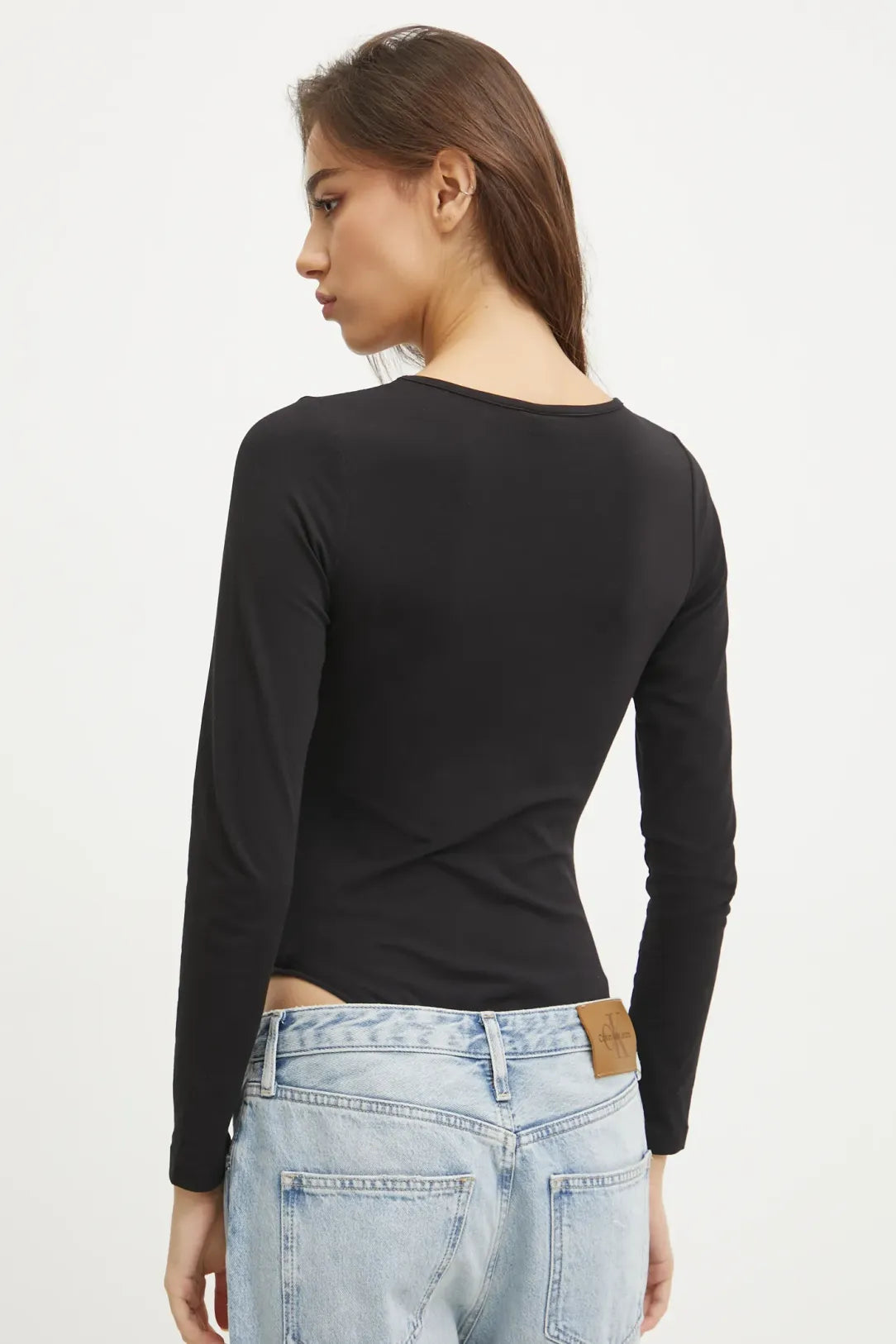 KARL LAGERFELD T-Shirt body maniche lunghe scollo a V nera con logo in contrasto bianco