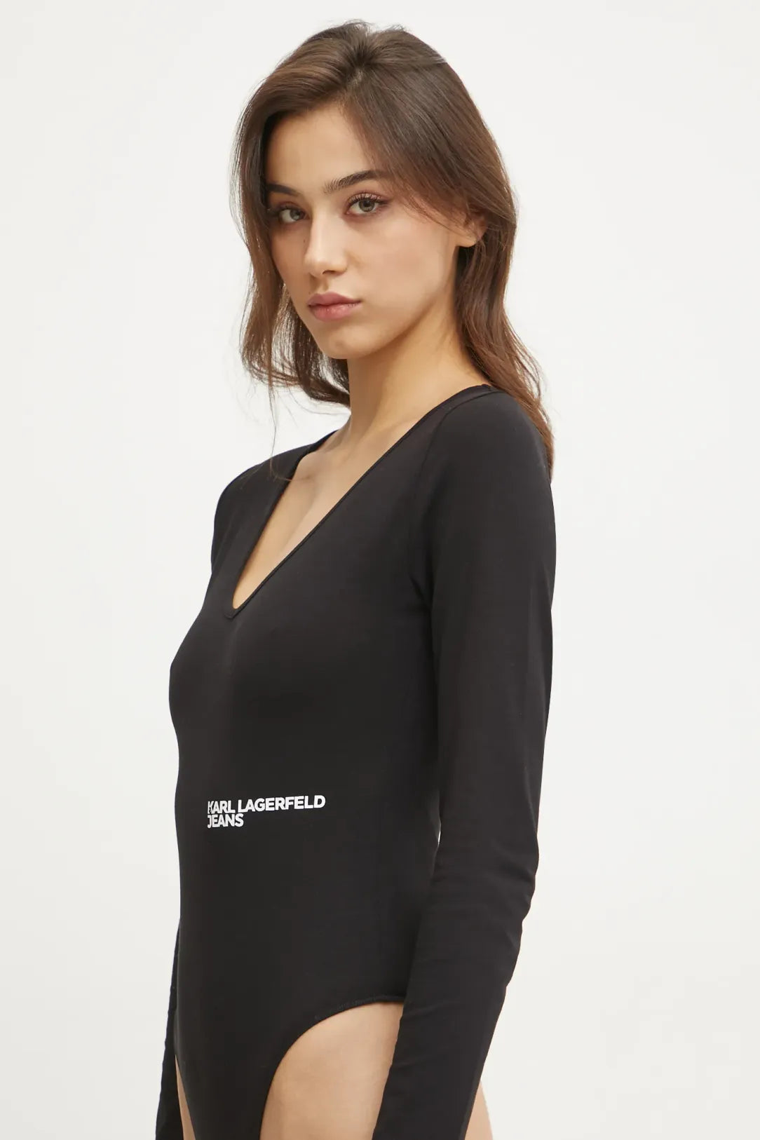 KARL LAGERFELD T-Shirt body maniche lunghe scollo a V nera con logo in contrasto bianco