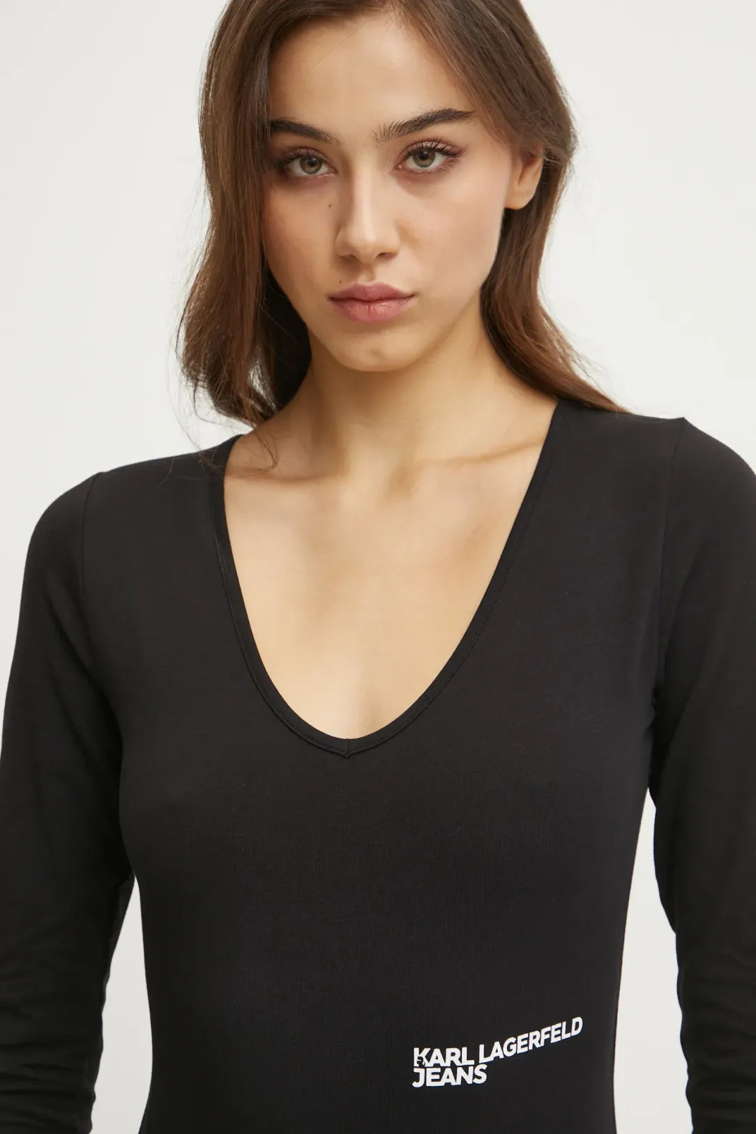 KARL LAGERFELD T-Shirt body maniche lunghe scollo a V nera con logo in contrasto bianco