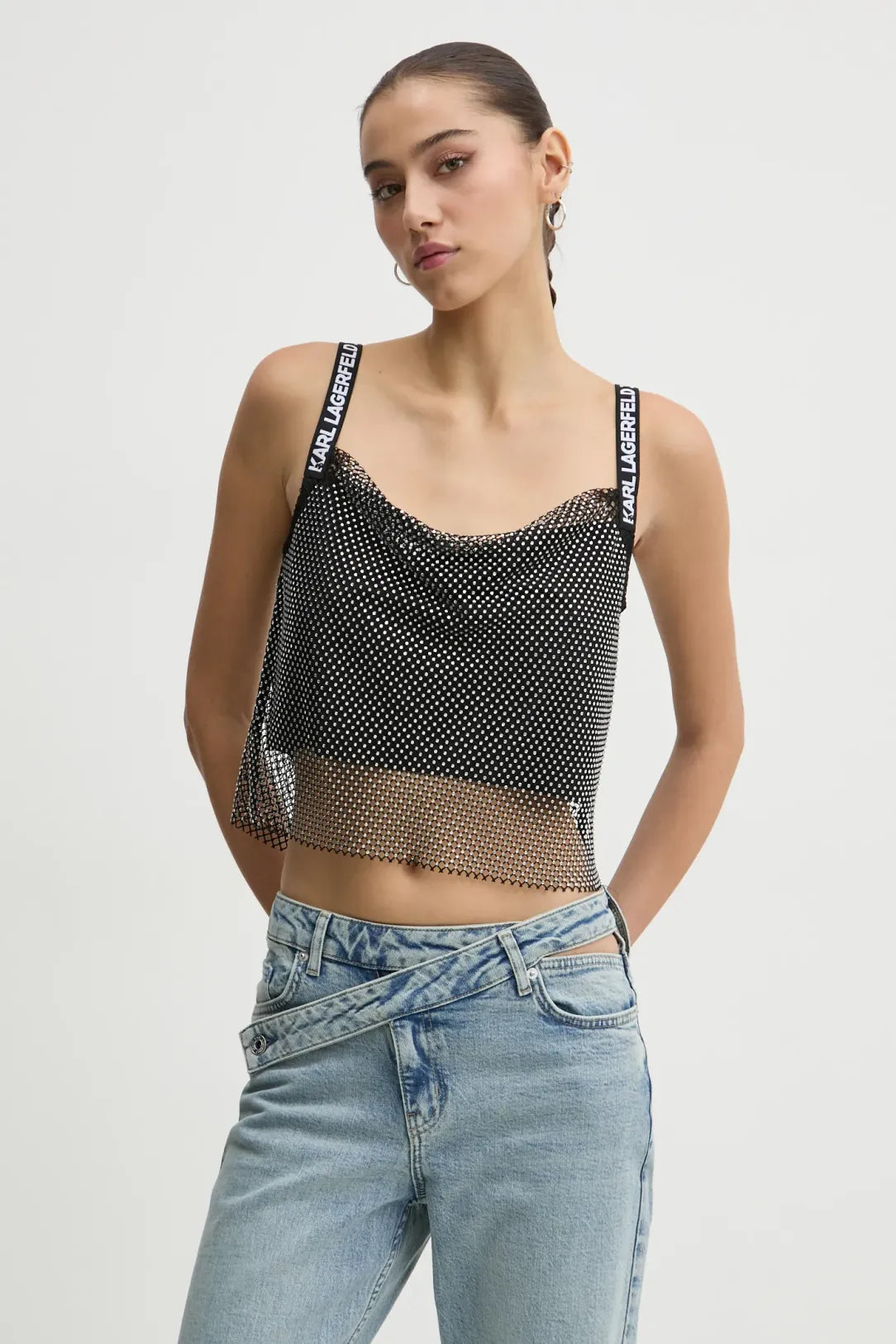 KARL LAGERFELD Top cropped di rete di strass foderato con spalline logate