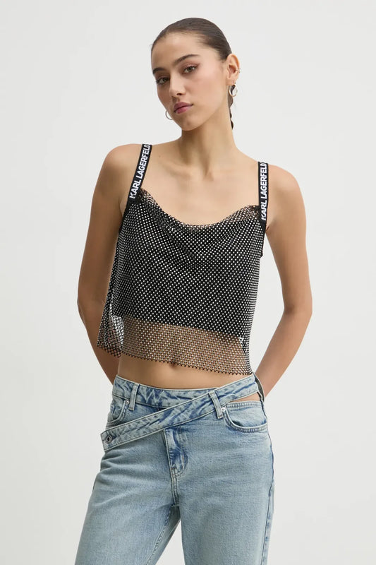 KARL LAGERFELD Top cropped di rete di strass foderato con spalline logate