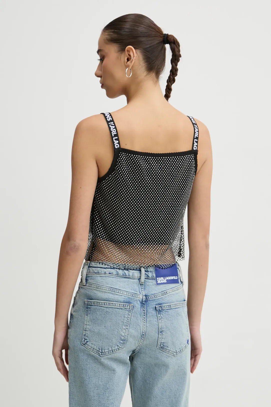 KARL LAGERFELD Top cropped di rete di strass foderato con spalline logate