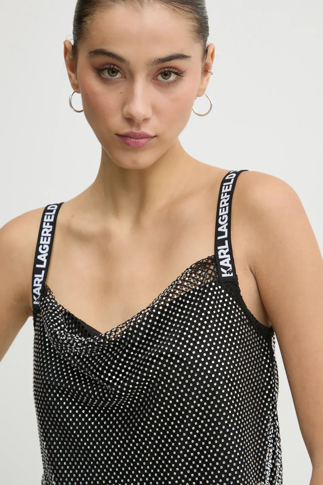 KARL LAGERFELD Top cropped di rete di strass foderato con spalline logate