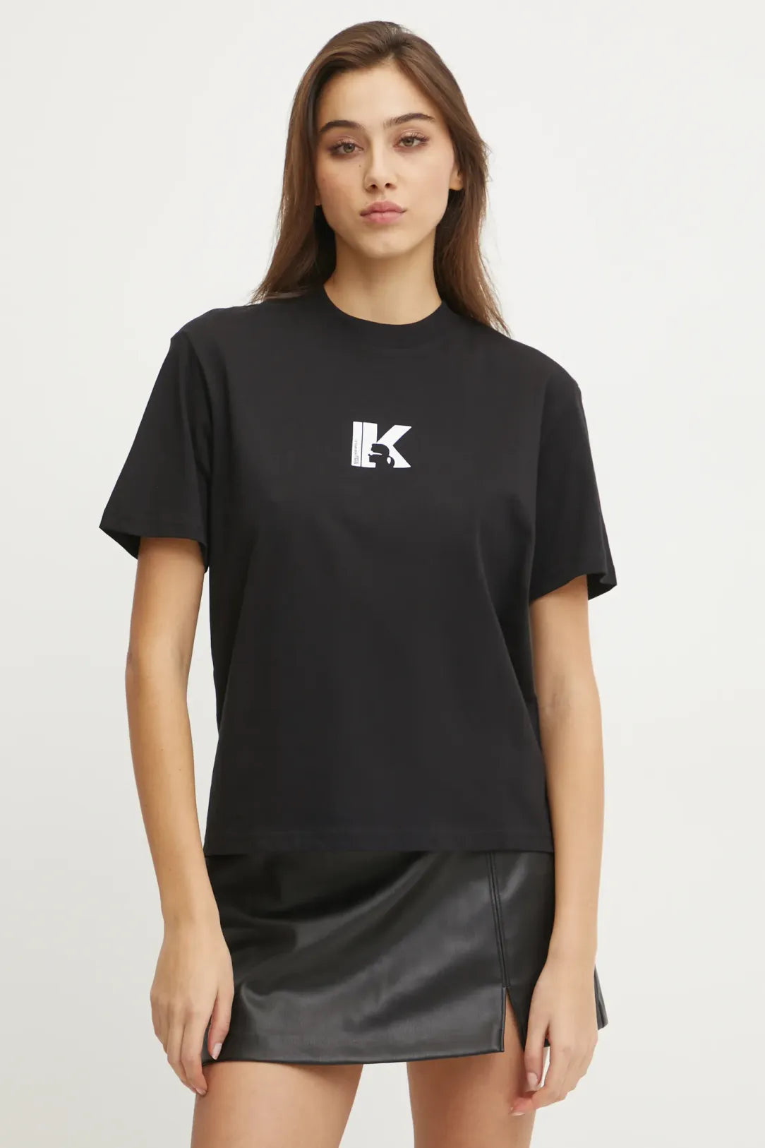 KARL LAGERFELD T-shirt donna a scatoletta, maniche corte nera con logo frontale in contrasto