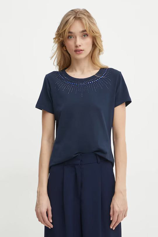 LIU JO T-Shirt maniche corte girocollo rosa con strass a raggiera rosa bianca o nera