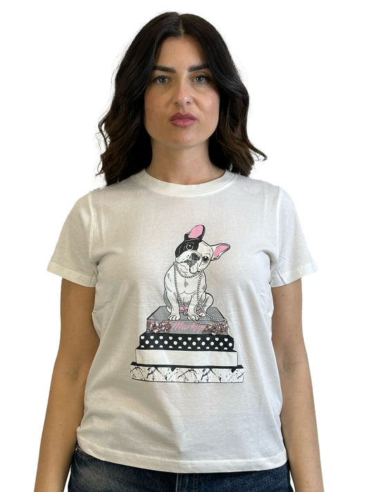 MARKUP T-Shirt maniche corte girocollo con stampa bulldog e inserti di perle e strass