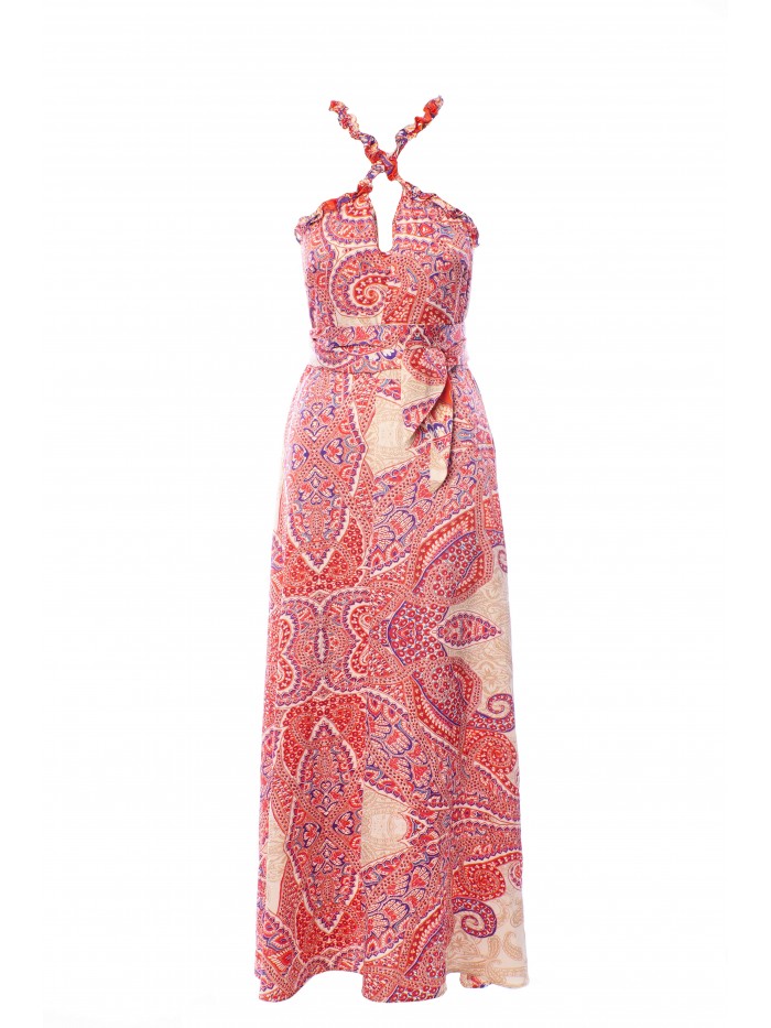 ANONYME DESIGNERS Abito lungo stampa foulard rosso scollo halter