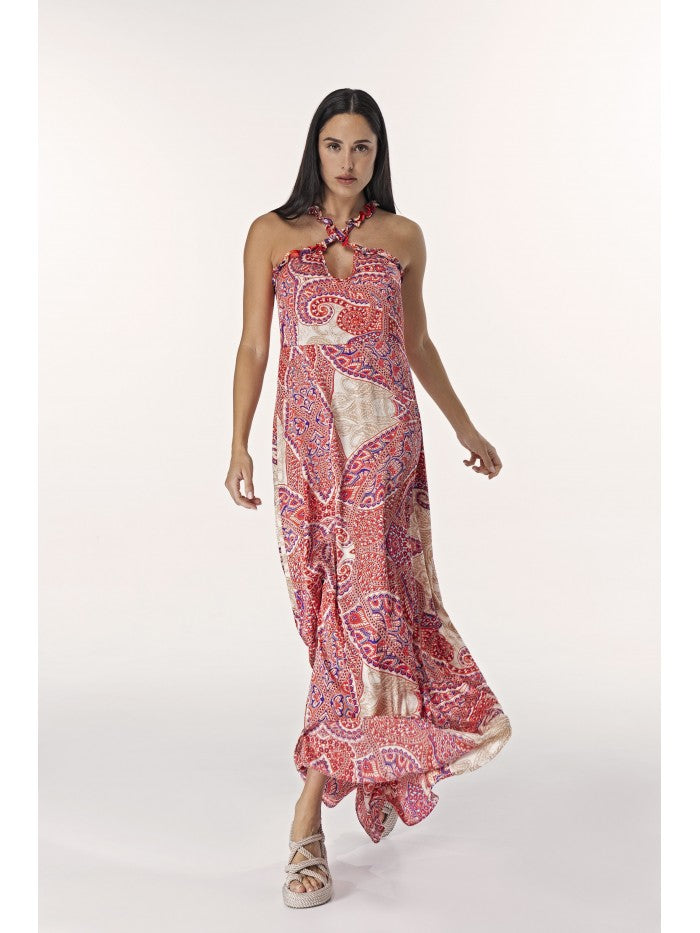 ANONYME DESIGNERS Abito lungo stampa foulard rosso scollo halter