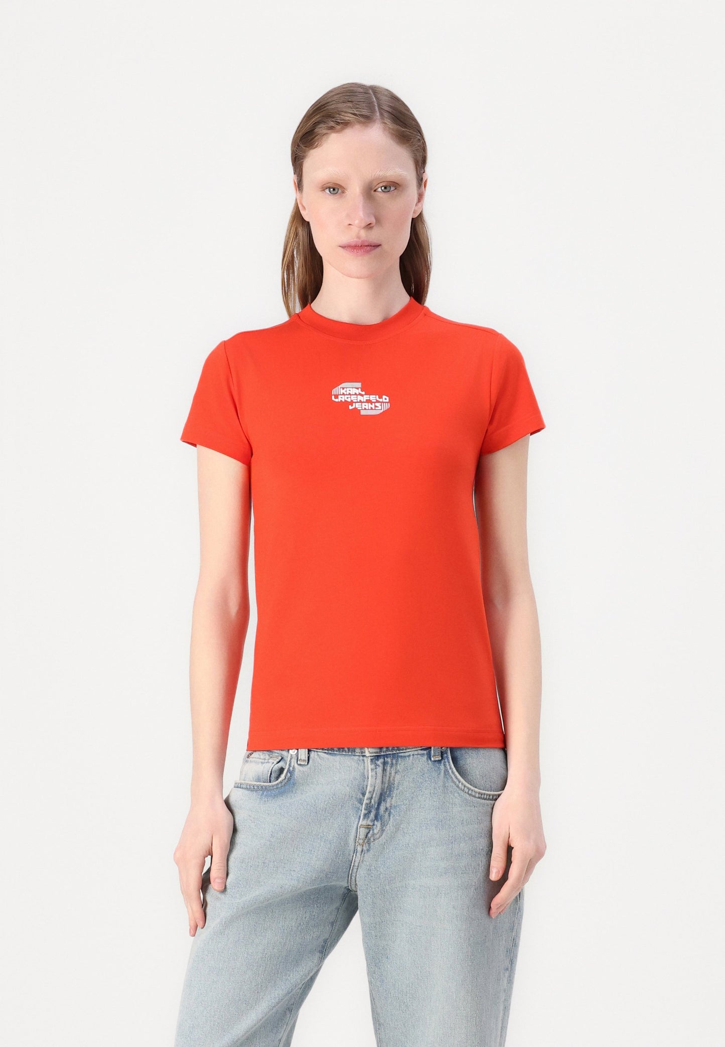 KARL LAGERFELD T-Shirt da donna girocollo maniche corte corallo con logo frontale