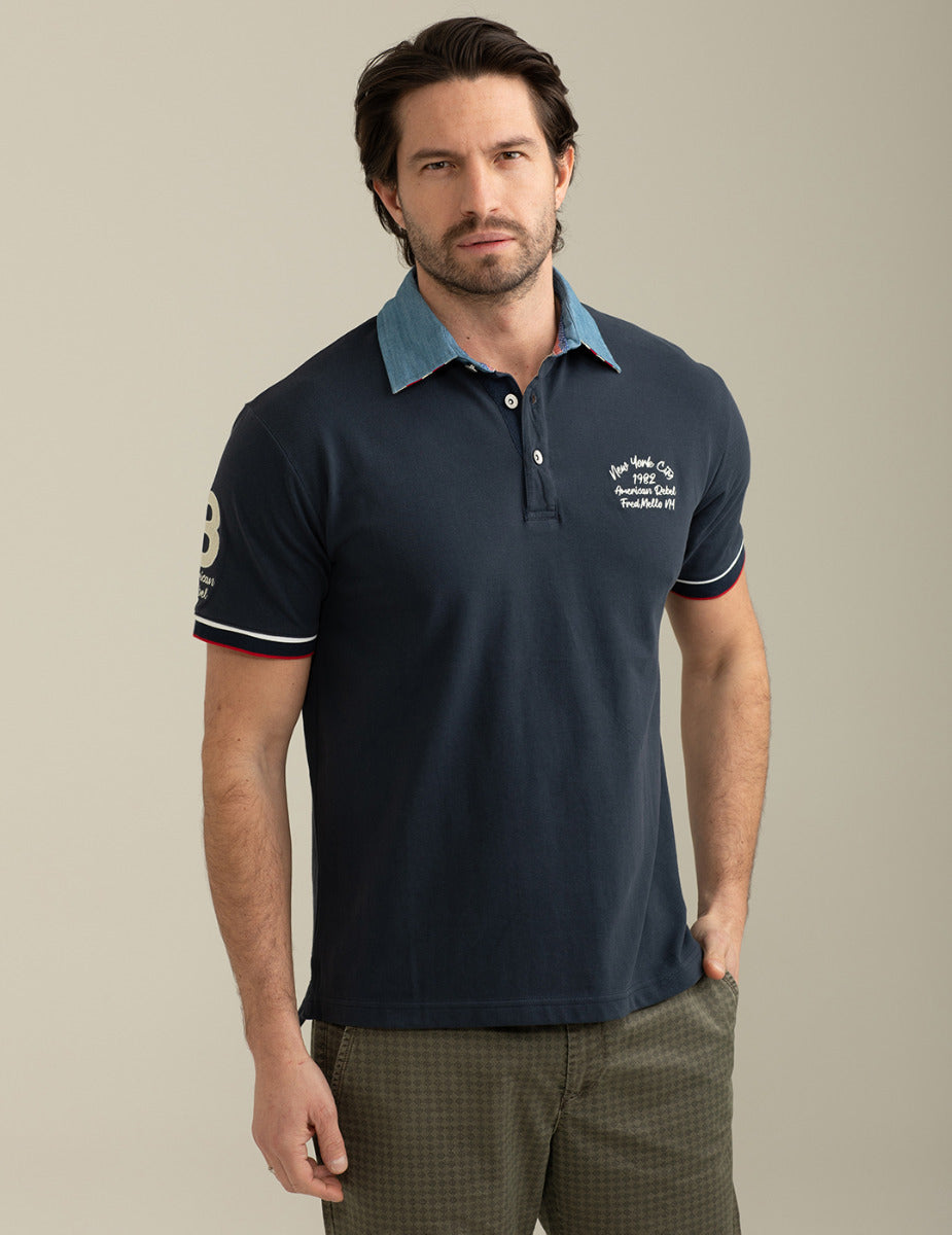FRED MELLO Polo maniche corte uomo con collo in chambray