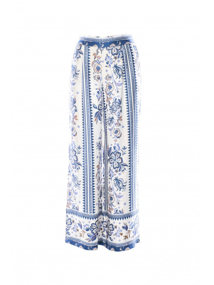 ANONYME DESIGNERS Pantaloni gamba larga in fantasia floreale celeste bianco