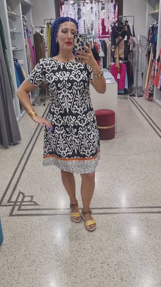 ANONYME Abito taglio dritto con stampa in bianco e nero