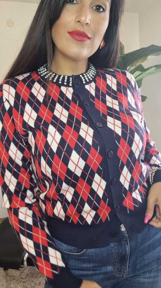 TBYME Cardigan in filo con dettagli di perle e strass sullo scollo