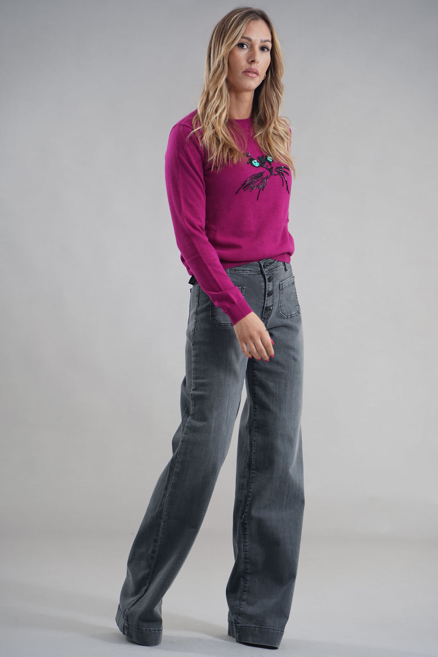 IL THÈ DELLE 5 Maglia girocollo con ricamo faccia gatto