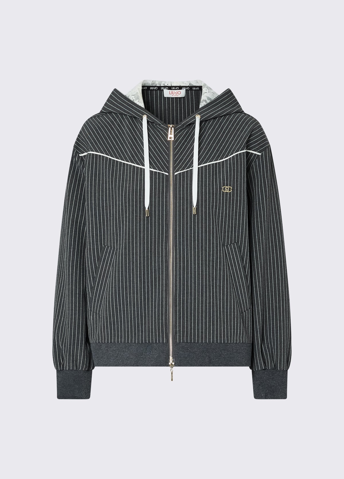 LIU JO Giacca gessata con zip, cappuccio e inserto in pizzo