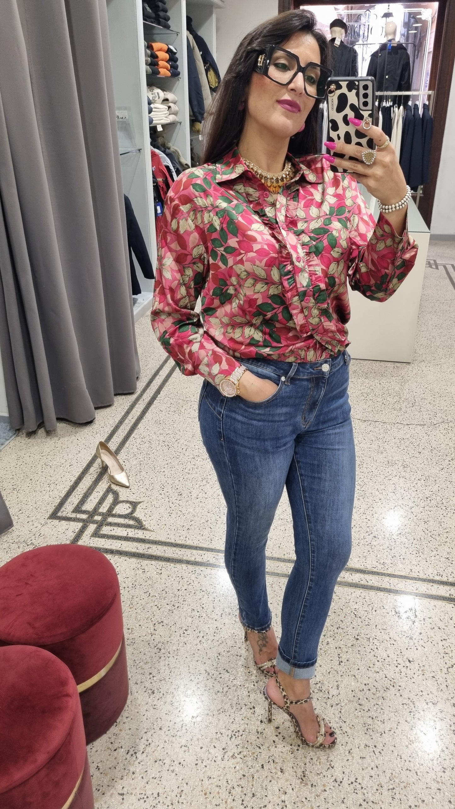 ANONYME Camicia floreale con rouches