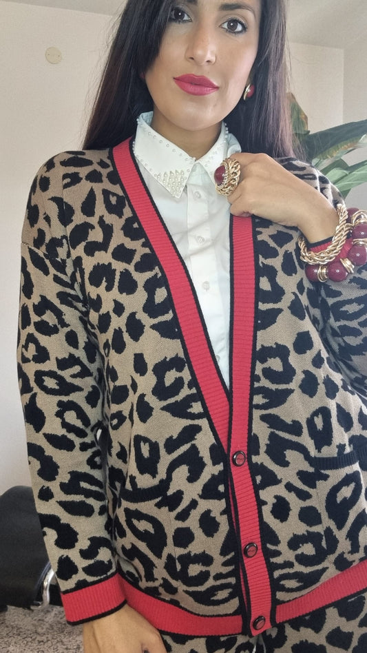 TbyME Maxi Cardigan animalier con bordi in contrasto