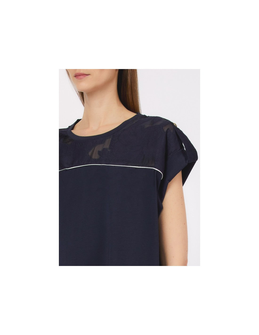 LIU JO T-shirt girocollo blu con inserti in organza jacquard