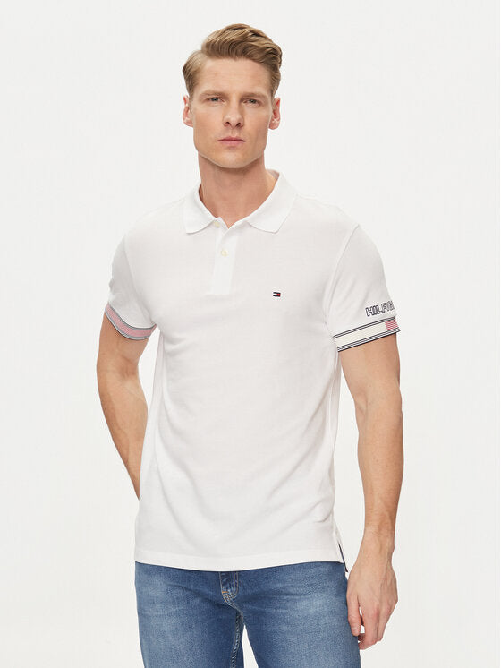 TOMMY HILFIGER Polo maniche corte slim fit bianca con monotype e bandiera su una manica