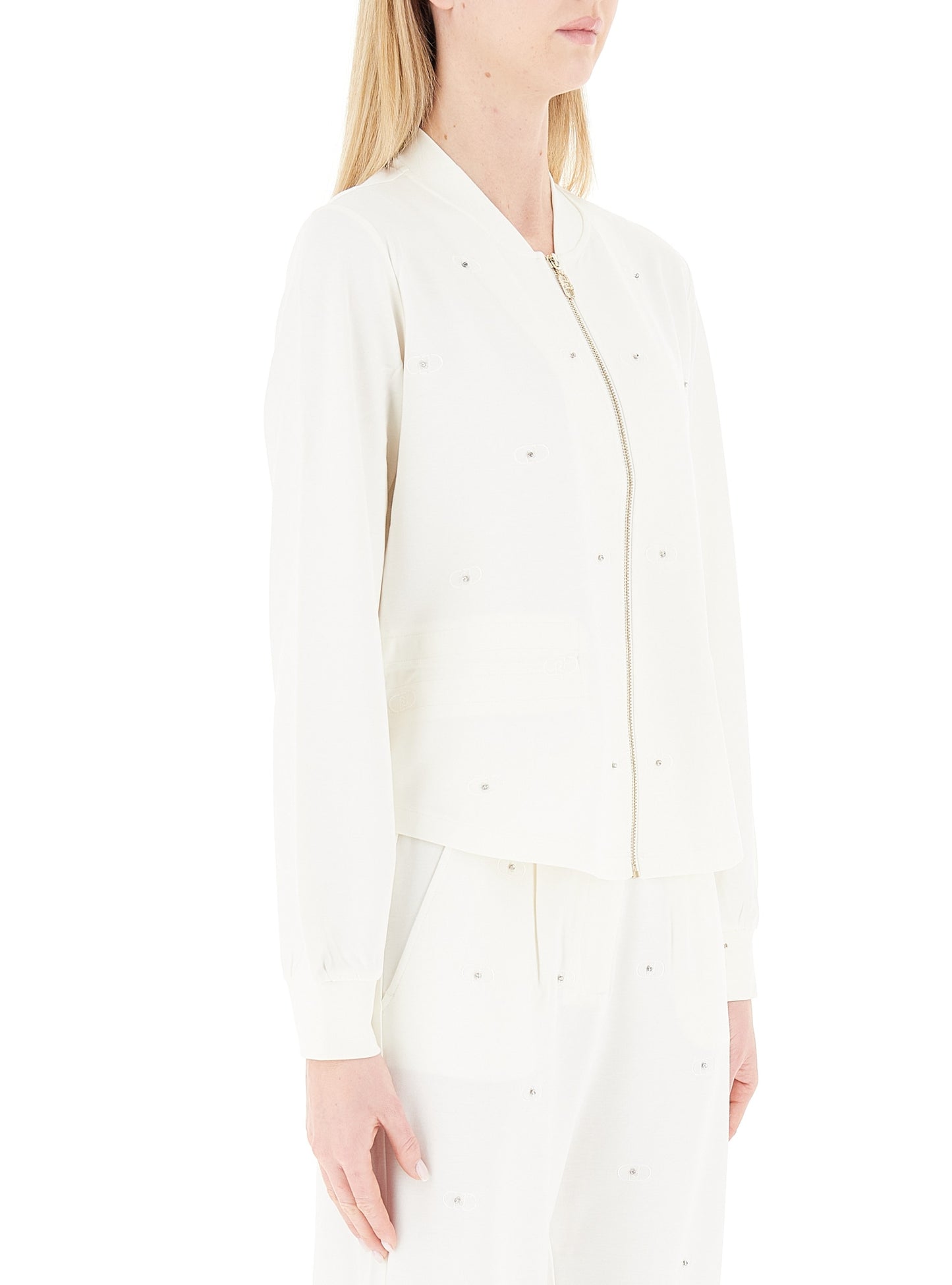 LIU JO Felpa donna in jersey elasticizzato con loghi e castoni all over bianca
