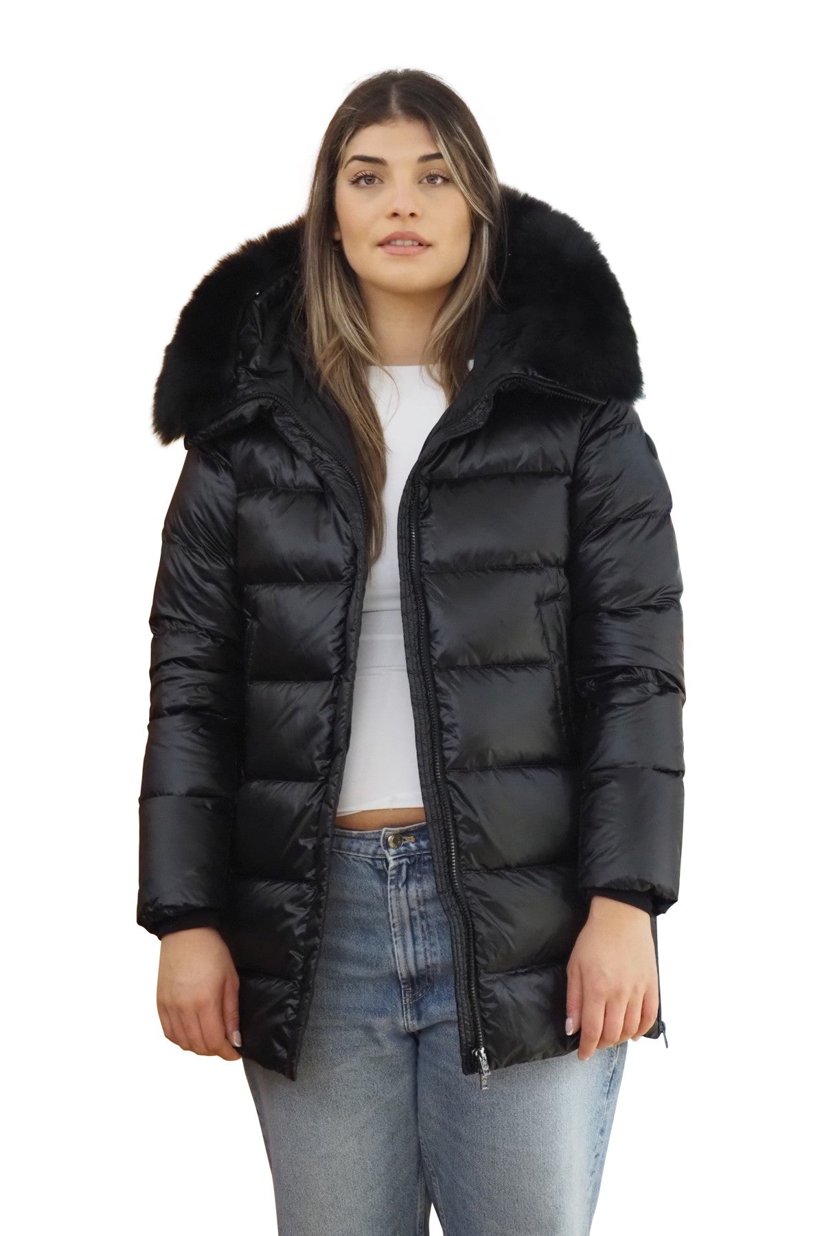 PEOPLE OF SHIBUYA Cappotto in piuma e pelliccia vera trapuntato nero