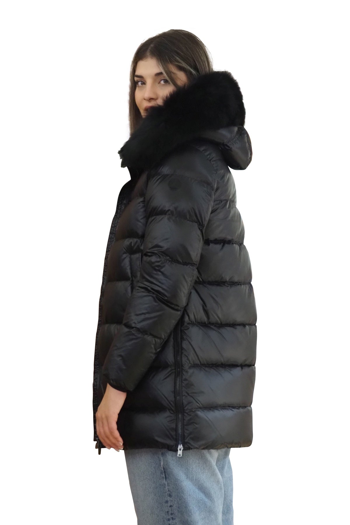 PEOPLE OF SHIBUYA Cappotto in piuma e pelliccia vera trapuntato nero