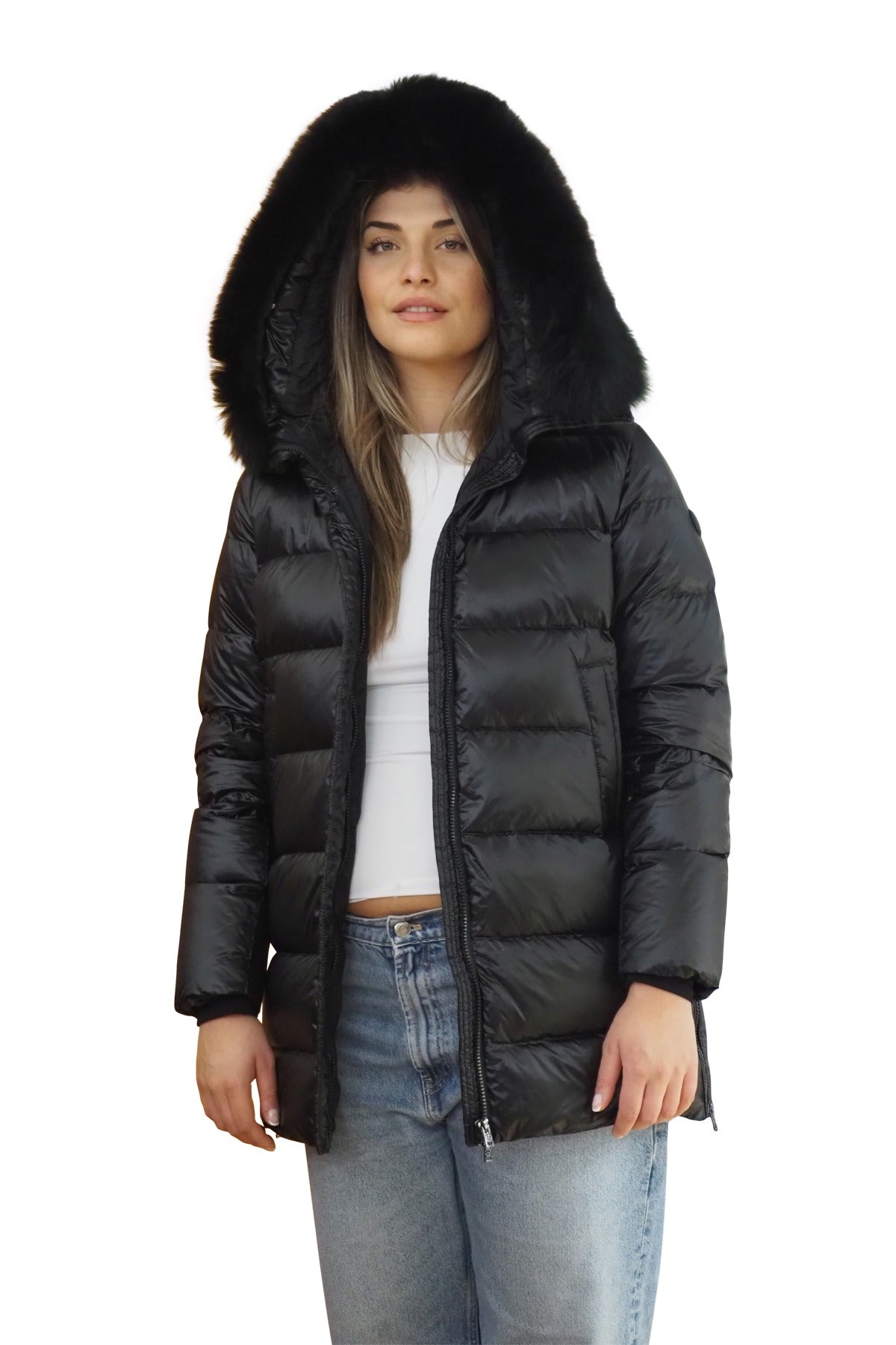 PEOPLE OF SHIBUYA Cappotto in piuma e pelliccia vera trapuntato nero