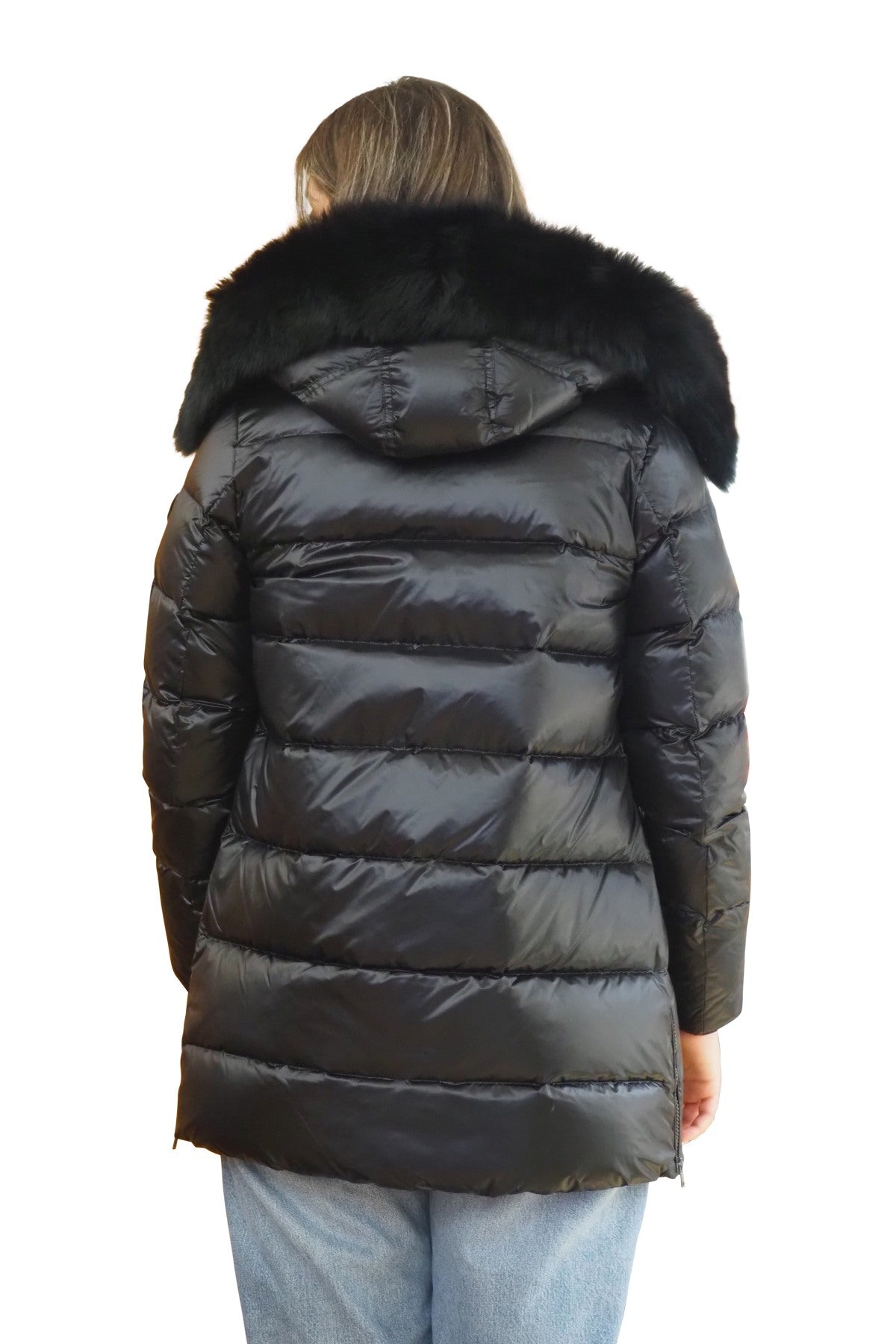 PEOPLE OF SHIBUYA Cappotto in piuma e pelliccia vera trapuntato nero