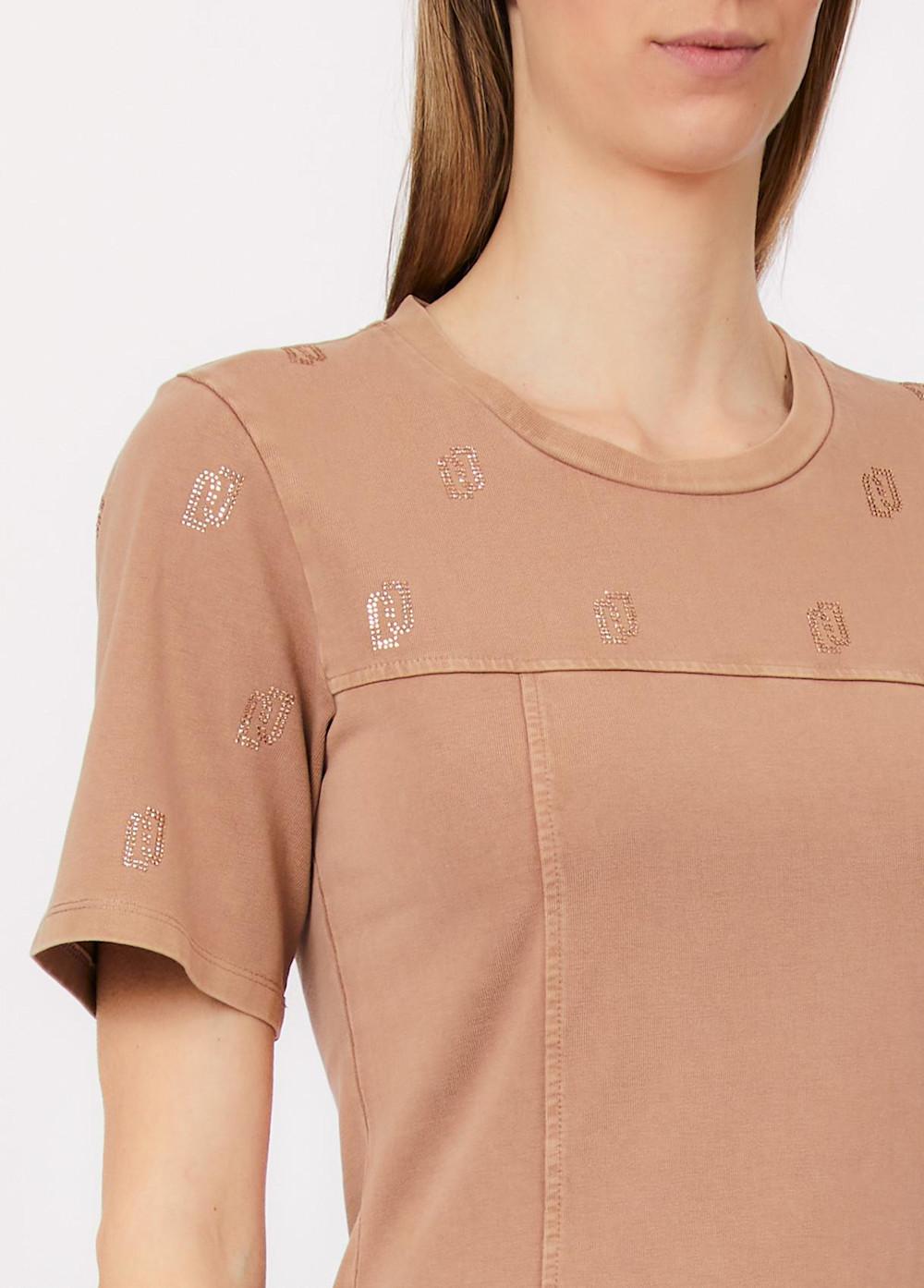 LIU JO Abito maniche corte girocollo in cotone delavè con loghi di strass