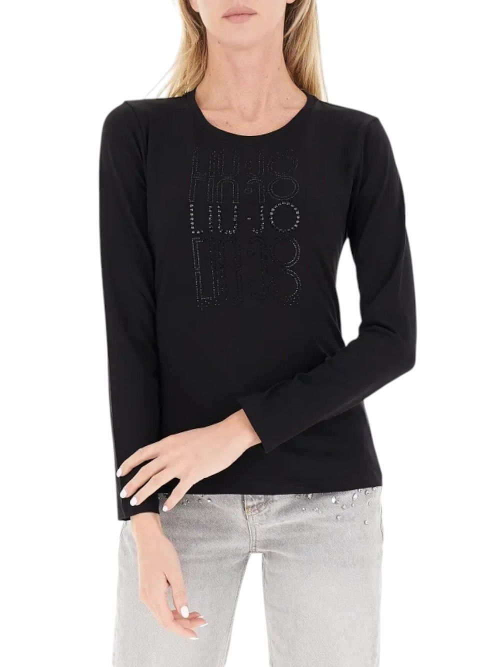 LIU JO T-Shirt maniche lunghe con logo faded frontale in strass