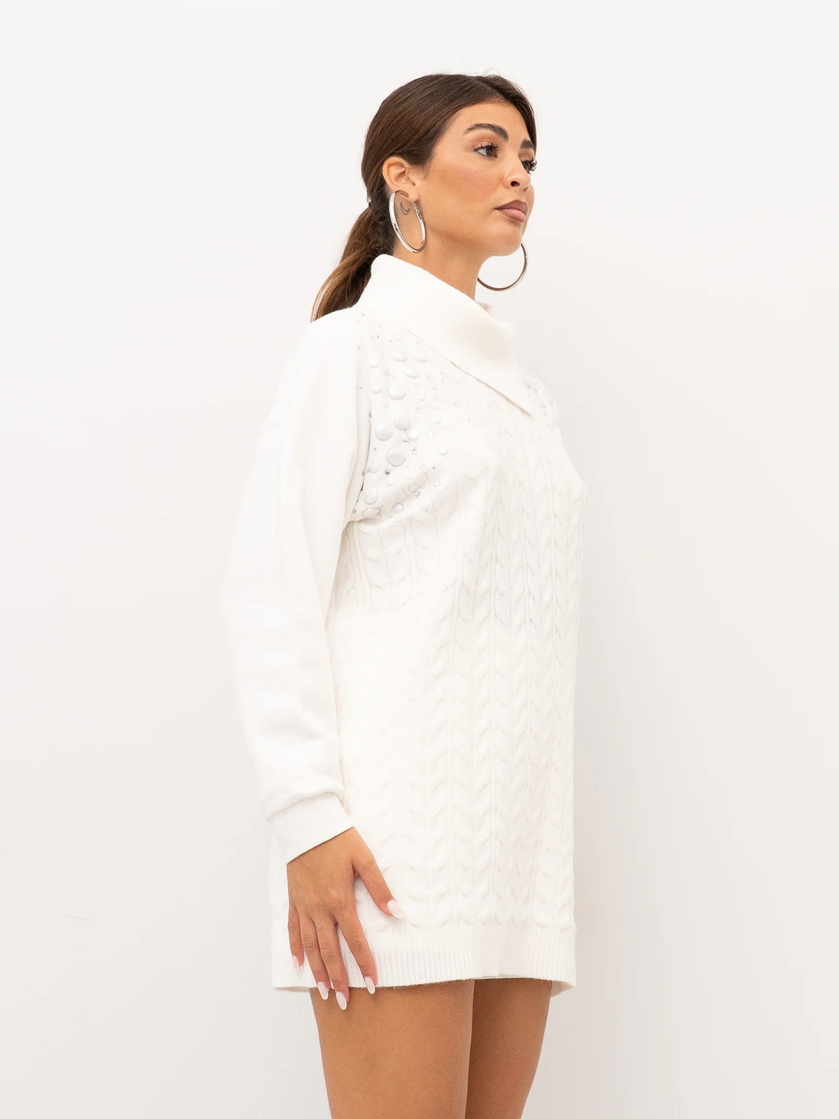 LIU JO Maxi maglia mini dress con collo lato e borchie