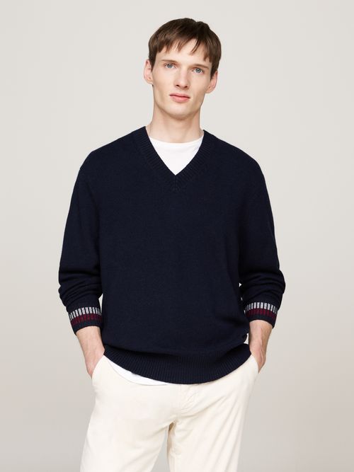 TOMMY HILFIGER Maglia scollo v in misto lana blu con dettaglia a contrasto