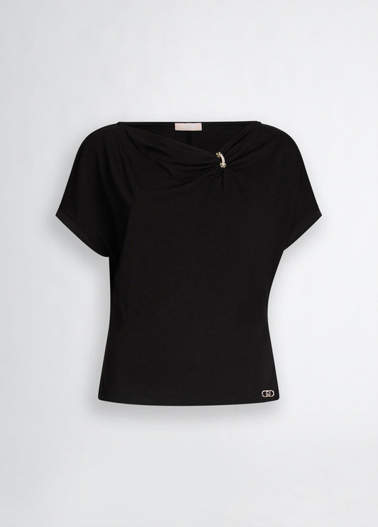 LIU JO T-Shirt maniche corte in jersey nera con gioiello sullo scollo