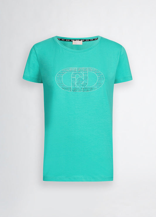 LIU JO T-shirt donna maniche corte girocollo con logo frontale e strass tono su tono tiffany