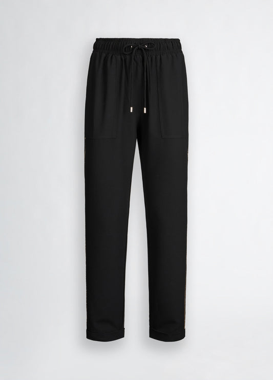 LIU JO Pantaloni jogger donna in crêpe stretch nero con bande laterali oro