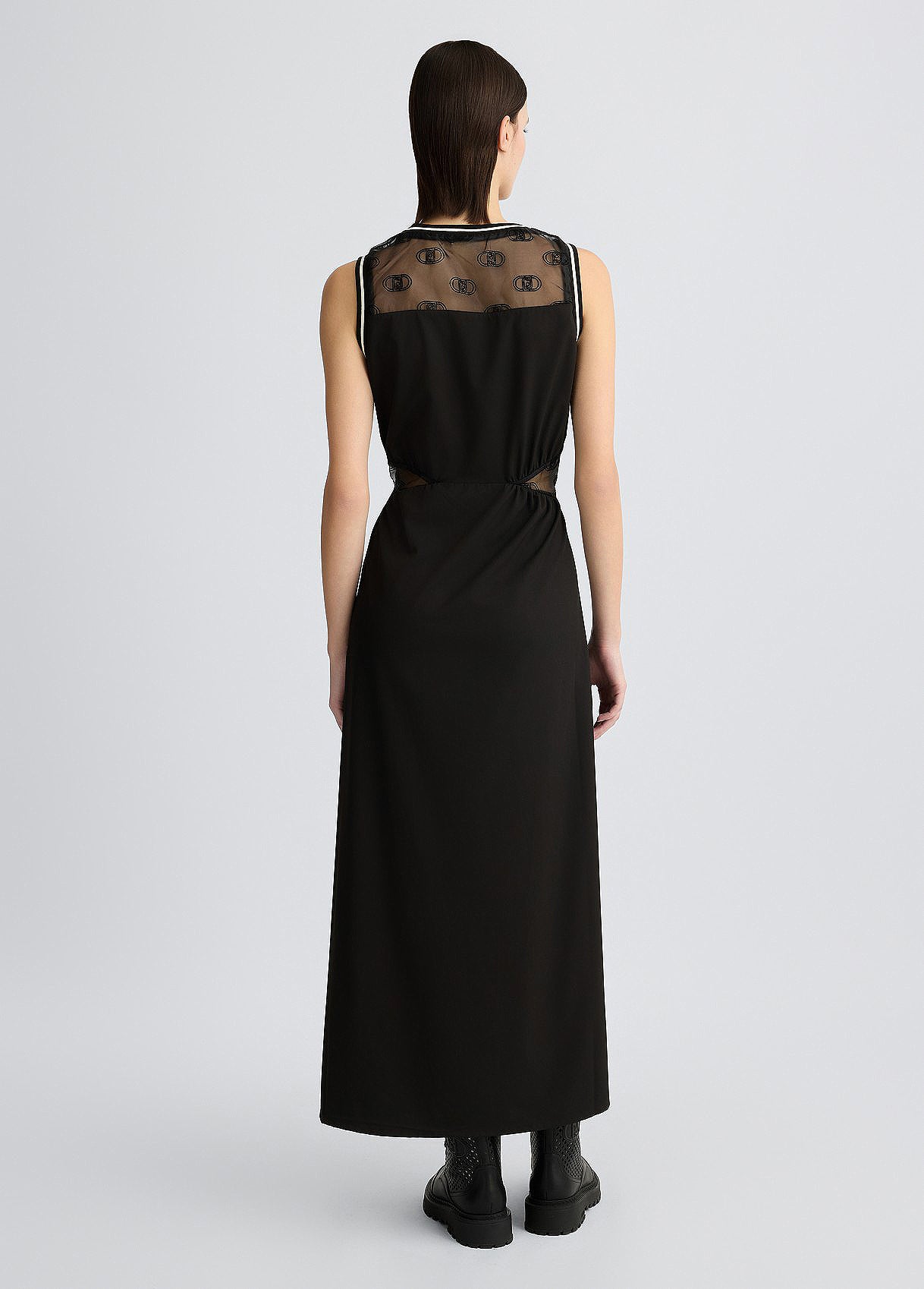 LIU JO Vestito in jersey alla caviglia con inserti in organza stampa loghi all over nero