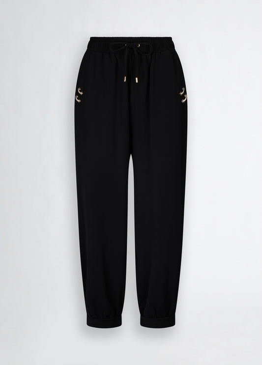 LIU JO Pantaloni neri donna jogging cropped con coulisse e dettaglio gioiello sulle tasche