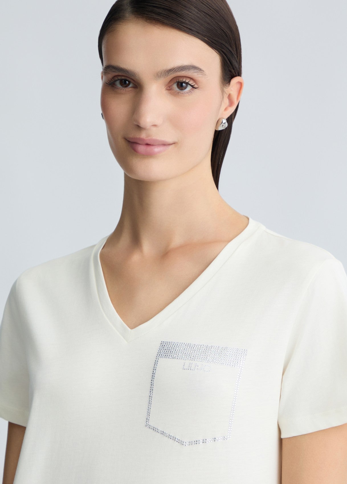 LIU JO T-Shirt maniche corte scollo a V con taschino di strass