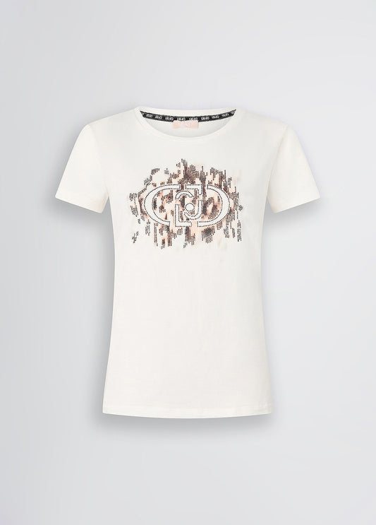 LIU JO T-Shirt maniche corte girocollo con stampa frontale animalier e strass bronzo