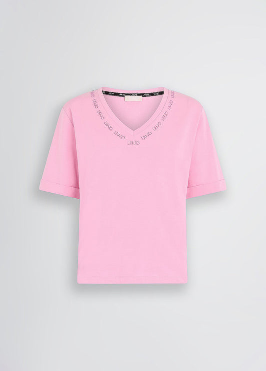 LU JO T-Shirt maniche corte a scatoletta scollo V con loghi intorno alla scollatura rosa e gialla