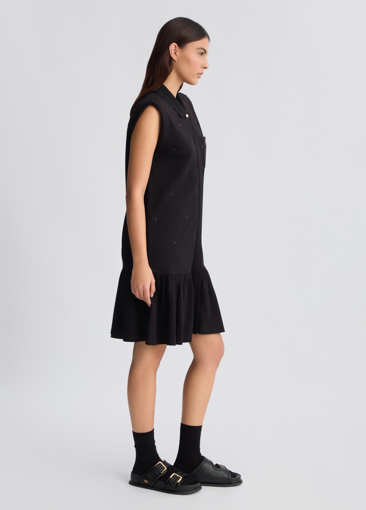 LIU JO Vestito corto chemisier donna in jersey nero con loghi tono su tono all over e castoni