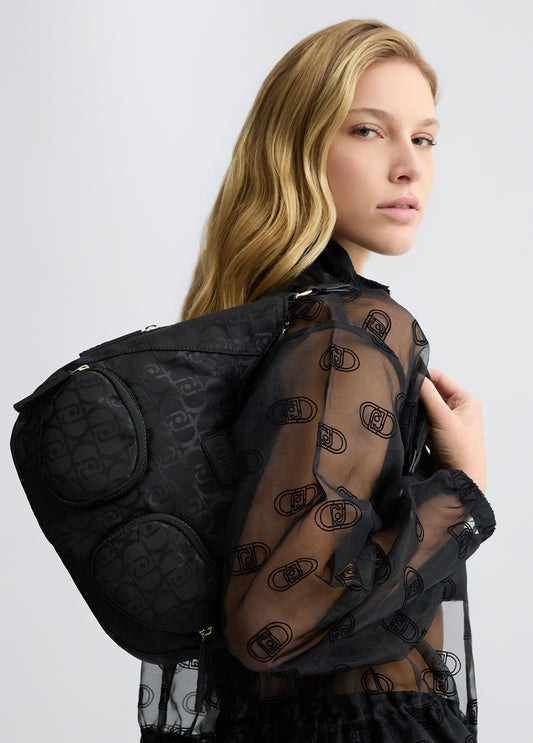 LIU JO Borsa a spalla grande in nylon jacquard loghi all over