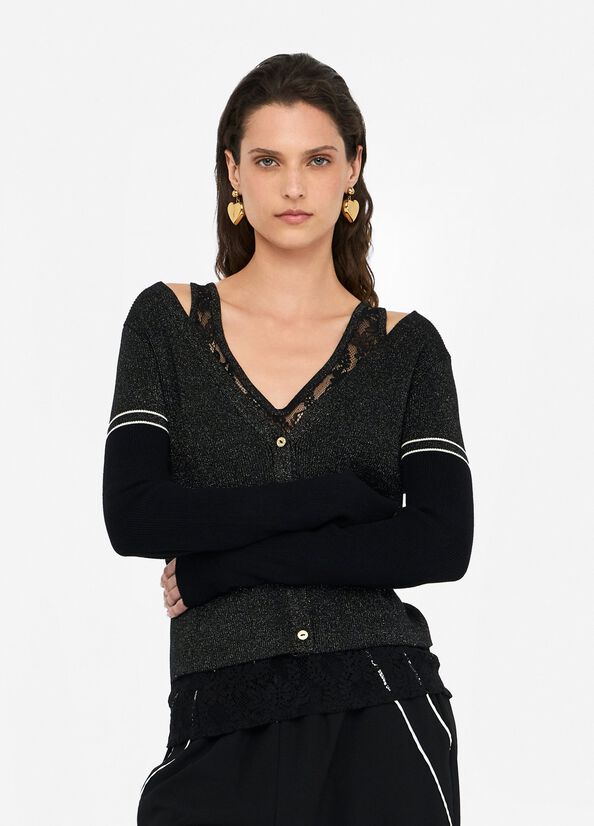 LIU JO Maglia cardigan in filo lurex con dettagli in pizzo