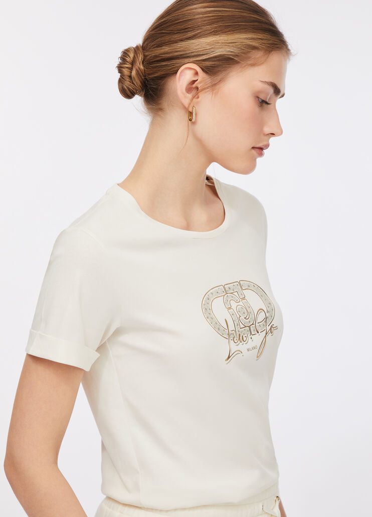 LIU JO T-Shirt girocollo con maniche corte e ricamo frontale