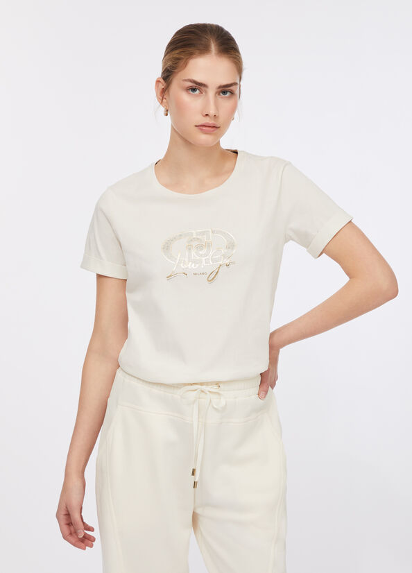 LIU JO T-Shirt girocollo con maniche corte e ricamo frontale