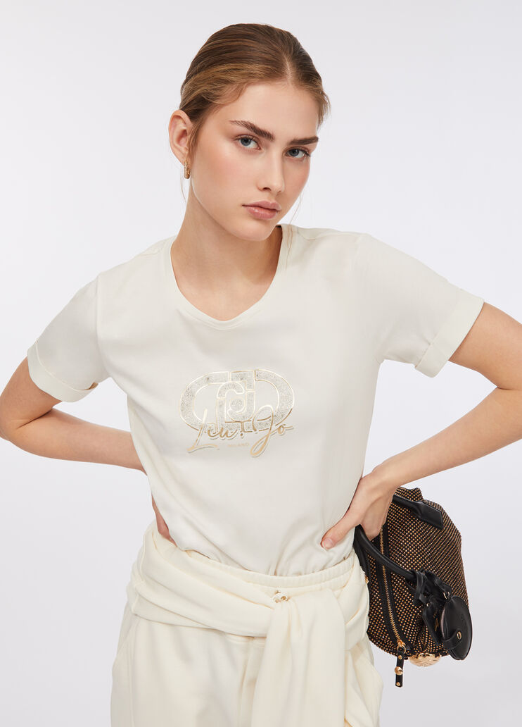 LIU JO T-Shirt girocollo con maniche corte e ricamo frontale