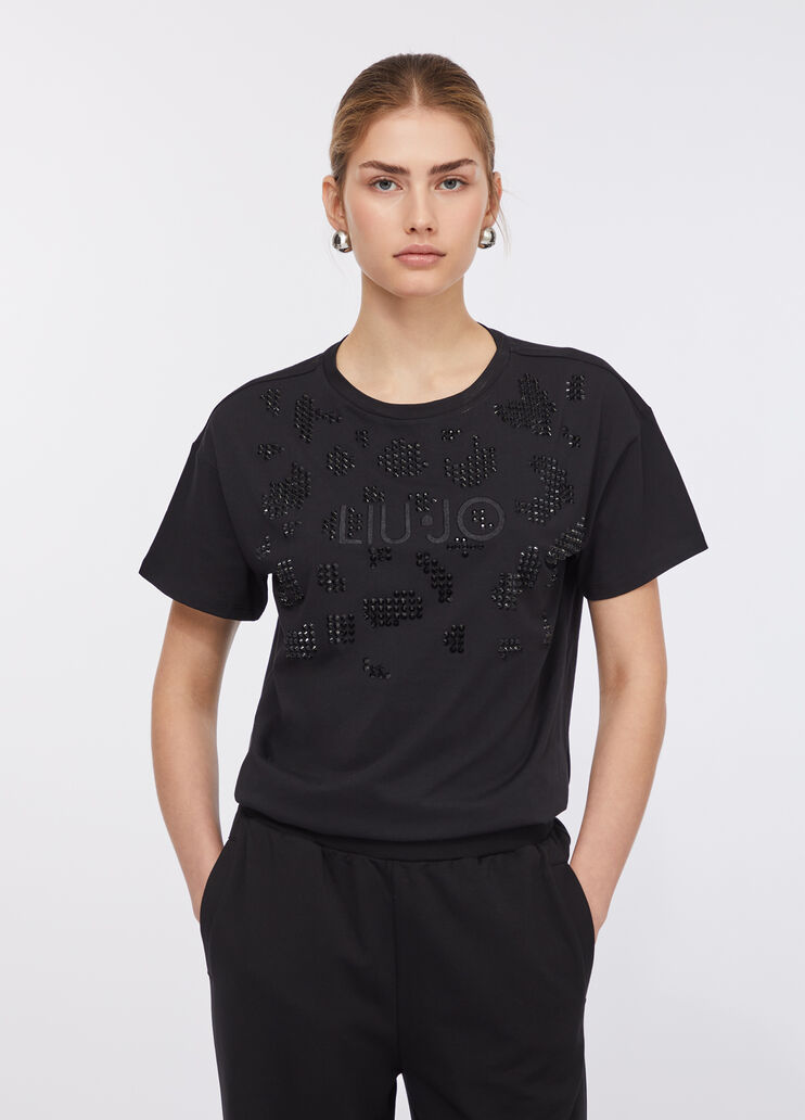 LIU JO T-Shirt donna girocollo maniche corte con applicazioni frontali