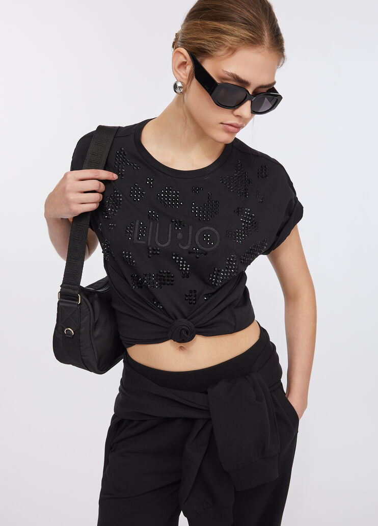 LIU JO T-Shirt donna girocollo maniche corte con applicazioni frontali